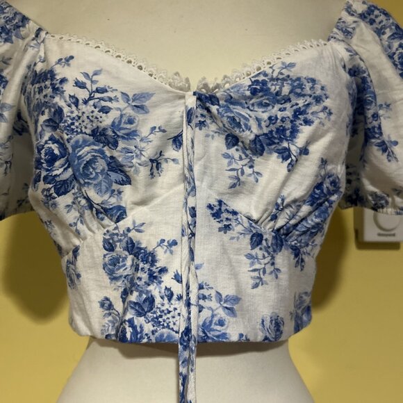 Babydoll Shirt Boho Milkmaid Coquette Floral Puff Sleeves Lace Cropped Smocked S - Picture 2 of 11